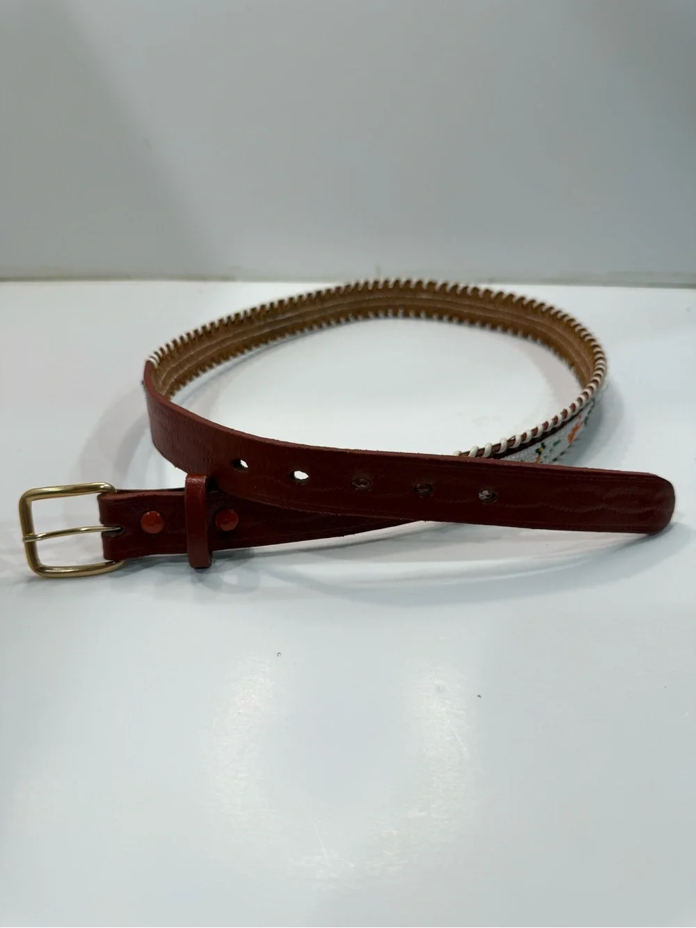Handcrafted Beaded Brown Genuine Leather Belt western cowboy size 34